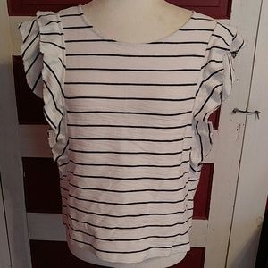 Anthropologie Stripe Cotton Ruffle Sleeve Top M
